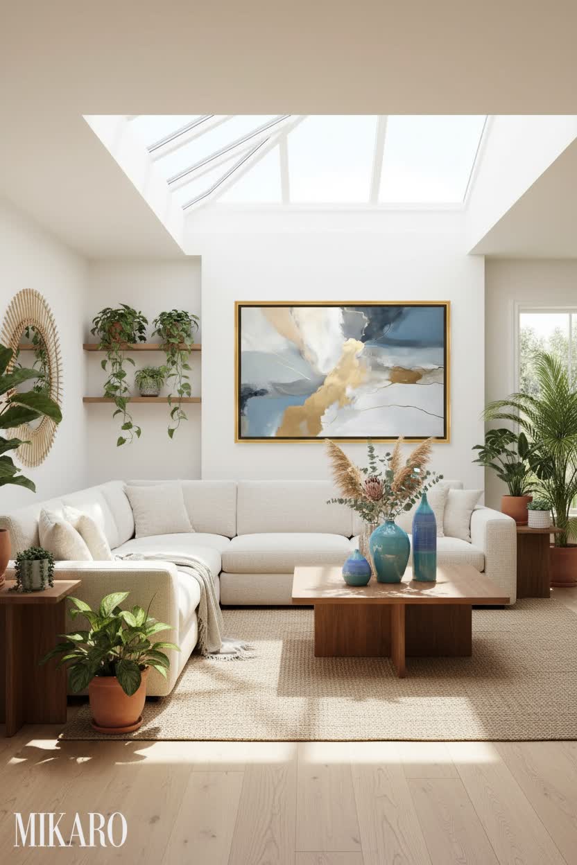 Biophilic Living Room Oasis: Cream Boucle Sectional, Abstract Art & Ceramic Vases