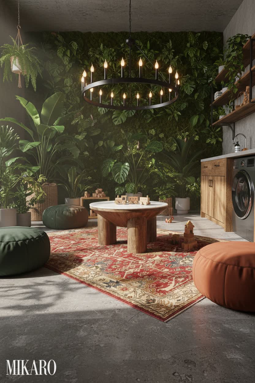 Biophilic: Lush Green Playroom in an Industrial Utility Space