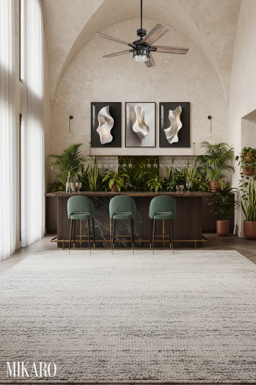 Biophilic: Lush Home Bar Oasis with High Ceilings