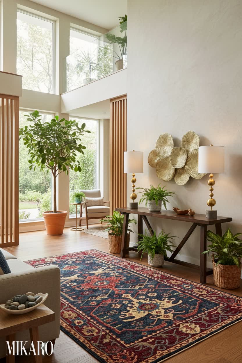 Biophilic Luxury Living: Indigo Floral Rug, Gold Wall Art & Elegant Buffet Lamp