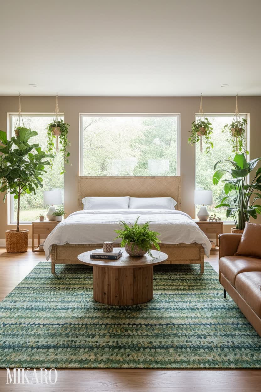 Biophilic Luxury Retreat: Rattan Bed, Green Rug, Leather Sofa for Natural Living