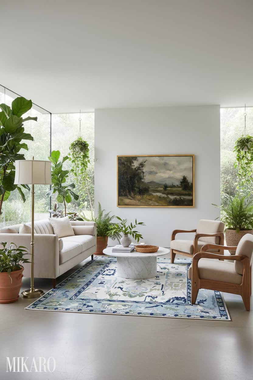 Biophilic Orangerie: Serene Minimalist Gallery Space with Lush Greenery and Classic Comfort