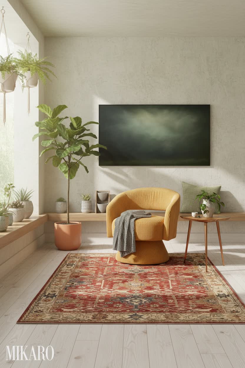 Sunroom, vintage rug, yellow chair, abstract art