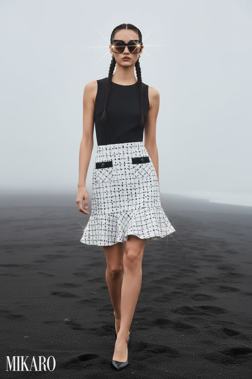 Black and White Tweed Mini Dress with Sunglasses