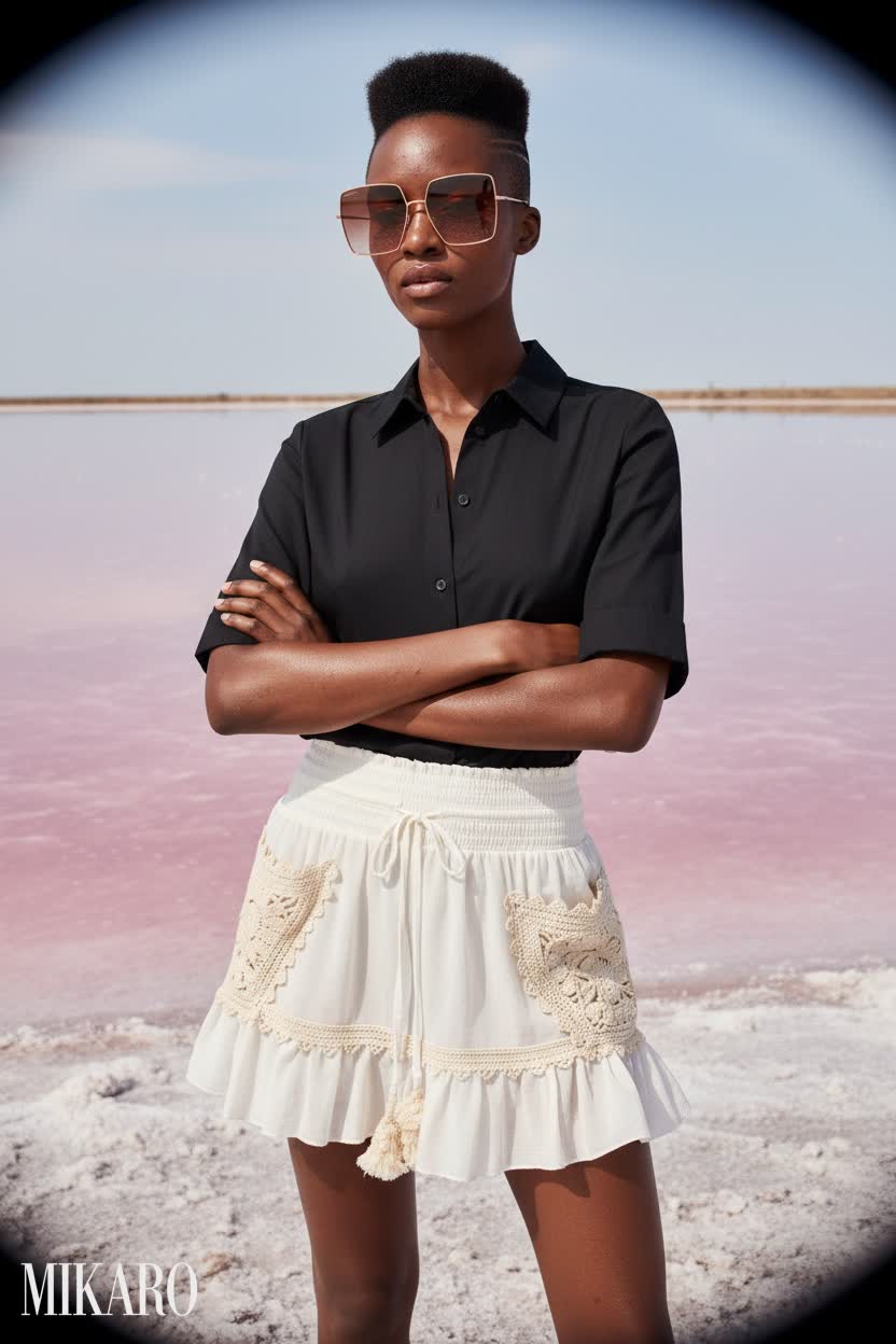 Black Button-Down Shirt with White Crochet Skirt and Square Sunglasses