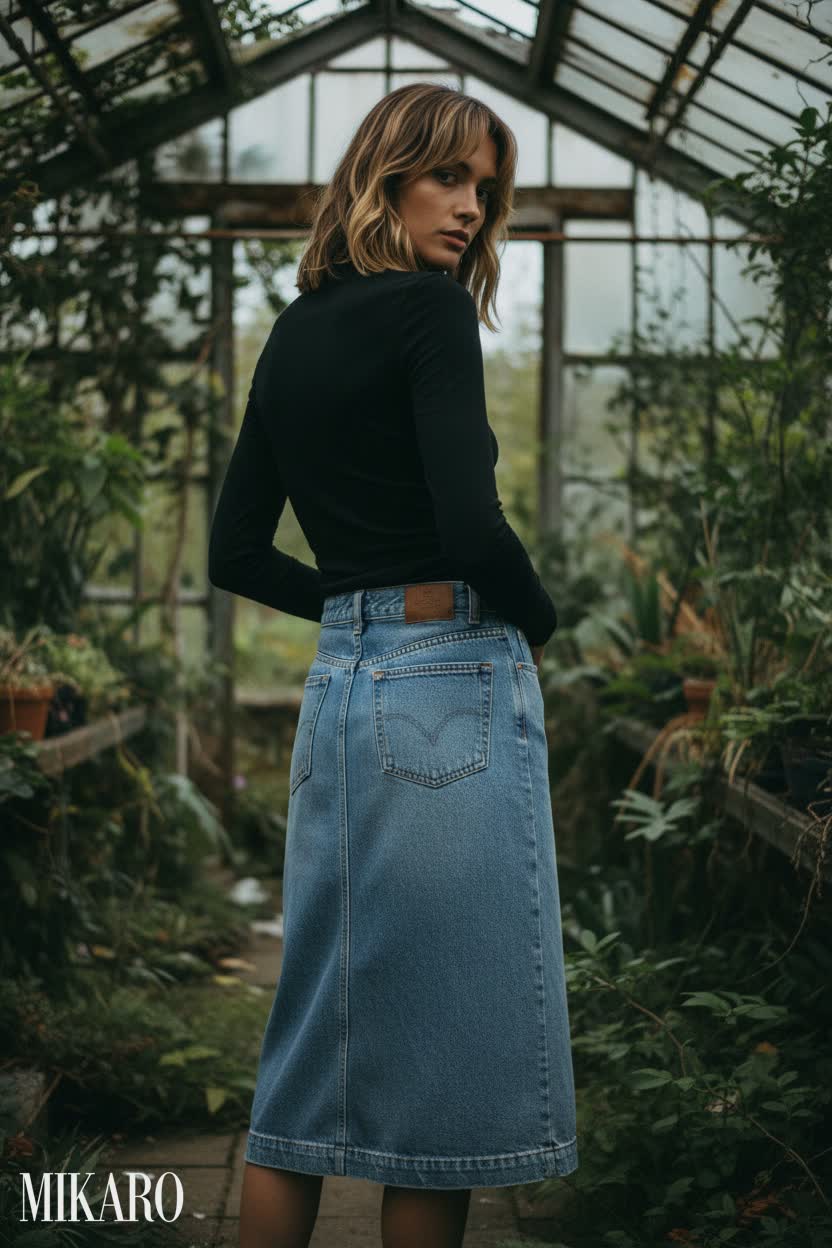 Black Mockneck Top with Denim Midi Skirt
