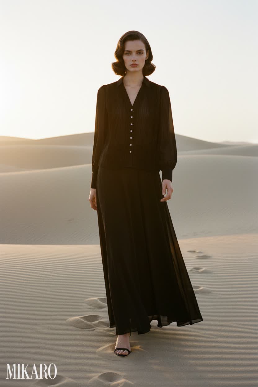 Black Pleated Blouse & A-line Skirt Ensemble