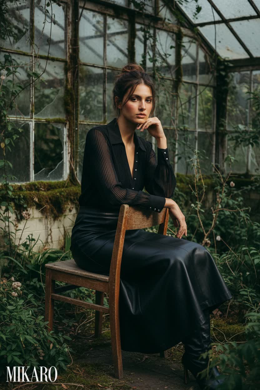 Black Pleated Blouse & Vegan Leather Skirt Ensemble