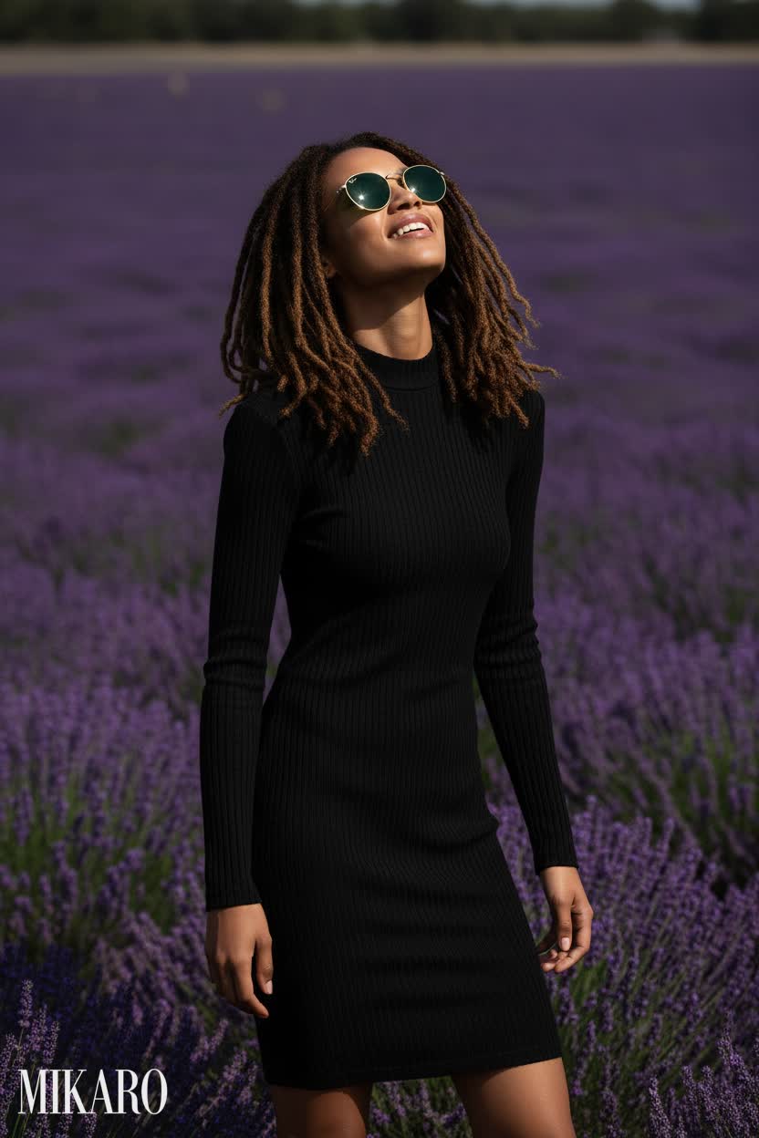 Black Ribbed Dress with Round Gold Sunglasses in Lavender Fields