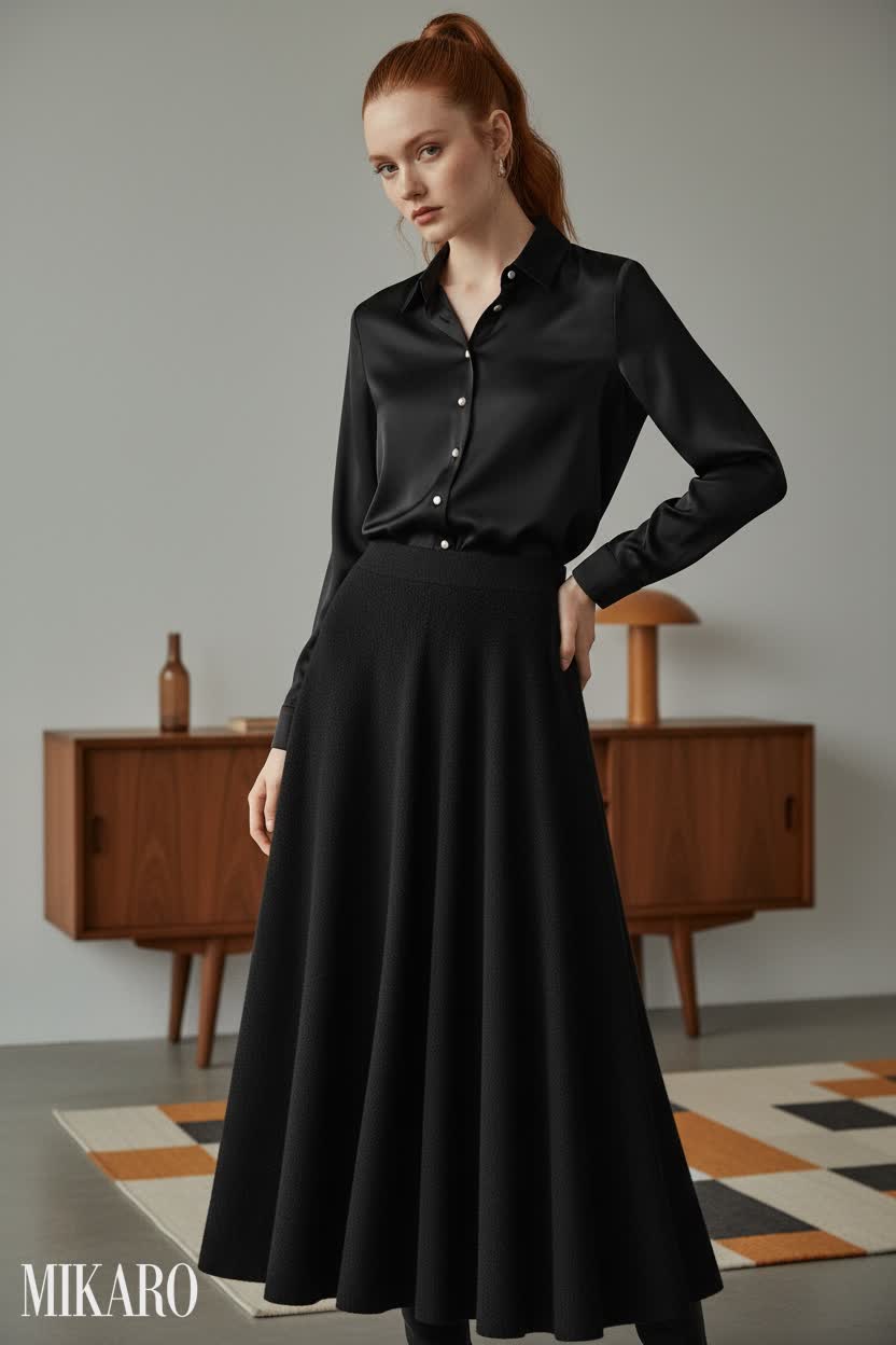 Petite model, black silk blouse, black knit maxi skirt, high ponytail, neutral background.