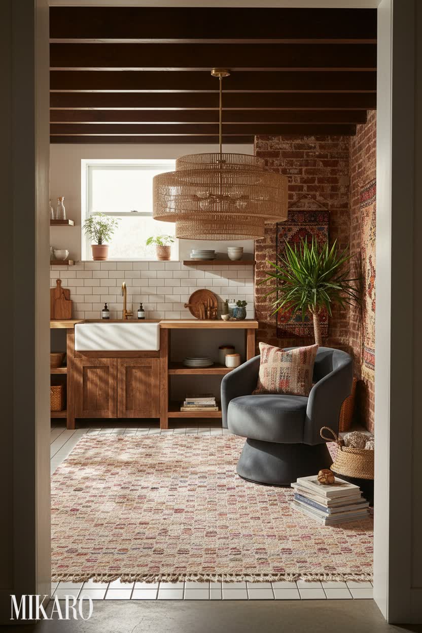 Bohemian Basement: Cozy Kitchen Nook with Rattan Chandelier and Geometric Rug