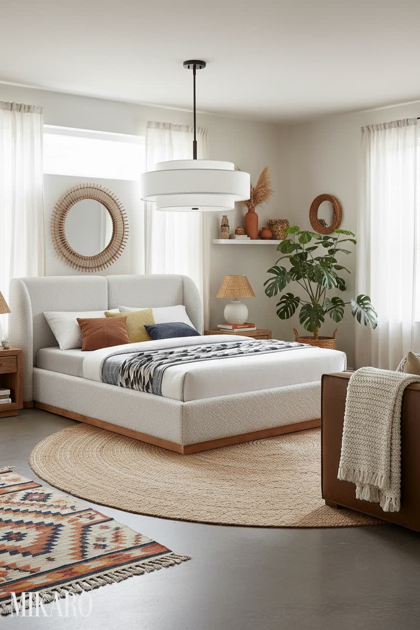 Bohemian Bedroom Oasis: Cream Boucle King Bed & Earthy Tones for a Serene Retreat