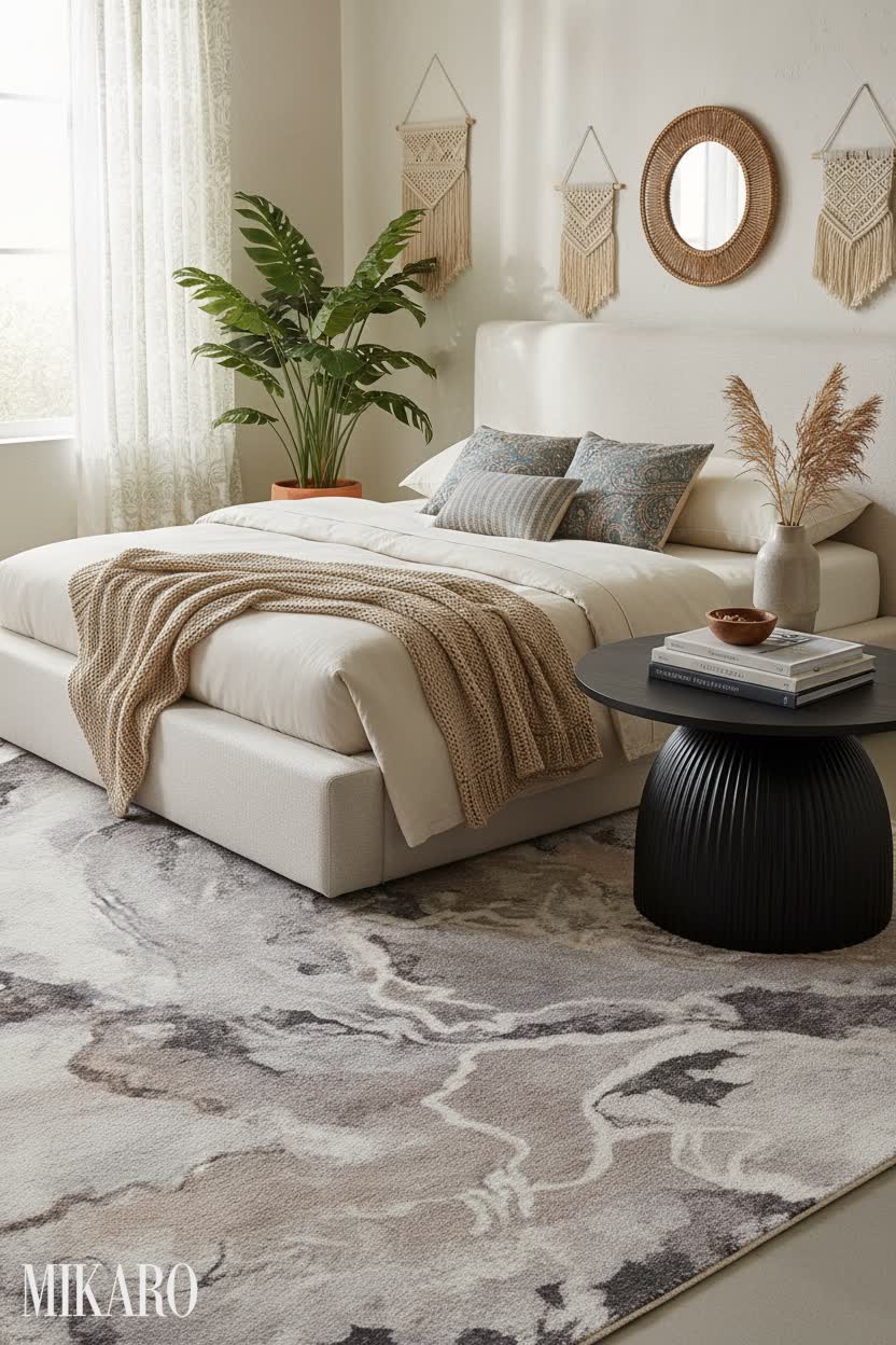Bohemian Bedroom Retreat: Luxe King Bed, Abstract Shag Rug & Chic Coffee Table