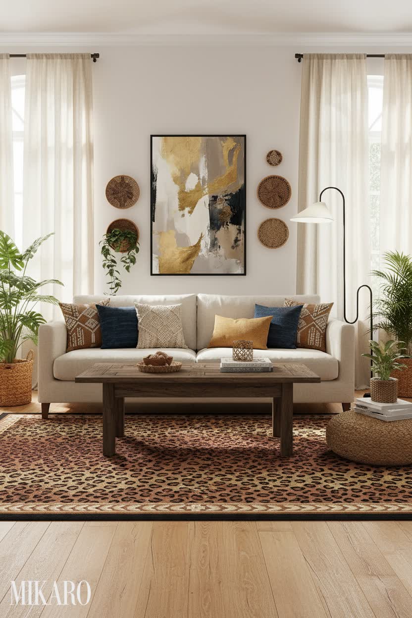 Bohemian Living Room Oasis: Cheetah Rug, Abstract Art & Modern Floor Lamp for Chic Home Decor