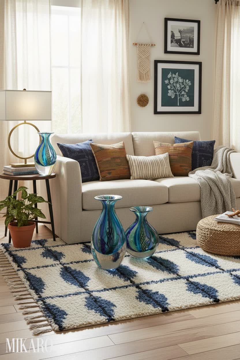 Bohemian Living Room Oasis: Indigo Wool Rug, Murano Vases & Gold Lamp Decor