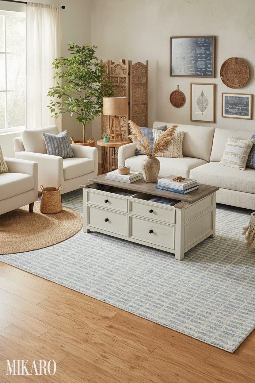 Bohemian Living Room Serenity: Blue Wool Rug, Rustic Coffee Table & Cozy Retreat Decor Ideas