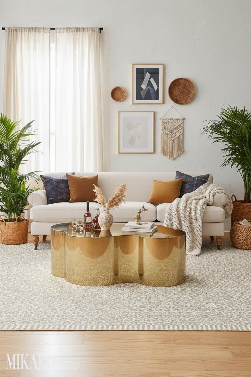 Bohemian Luxe Living Room: Jennifer Taylor Sofa, Gold Coffee Table & Honeycomb Rug