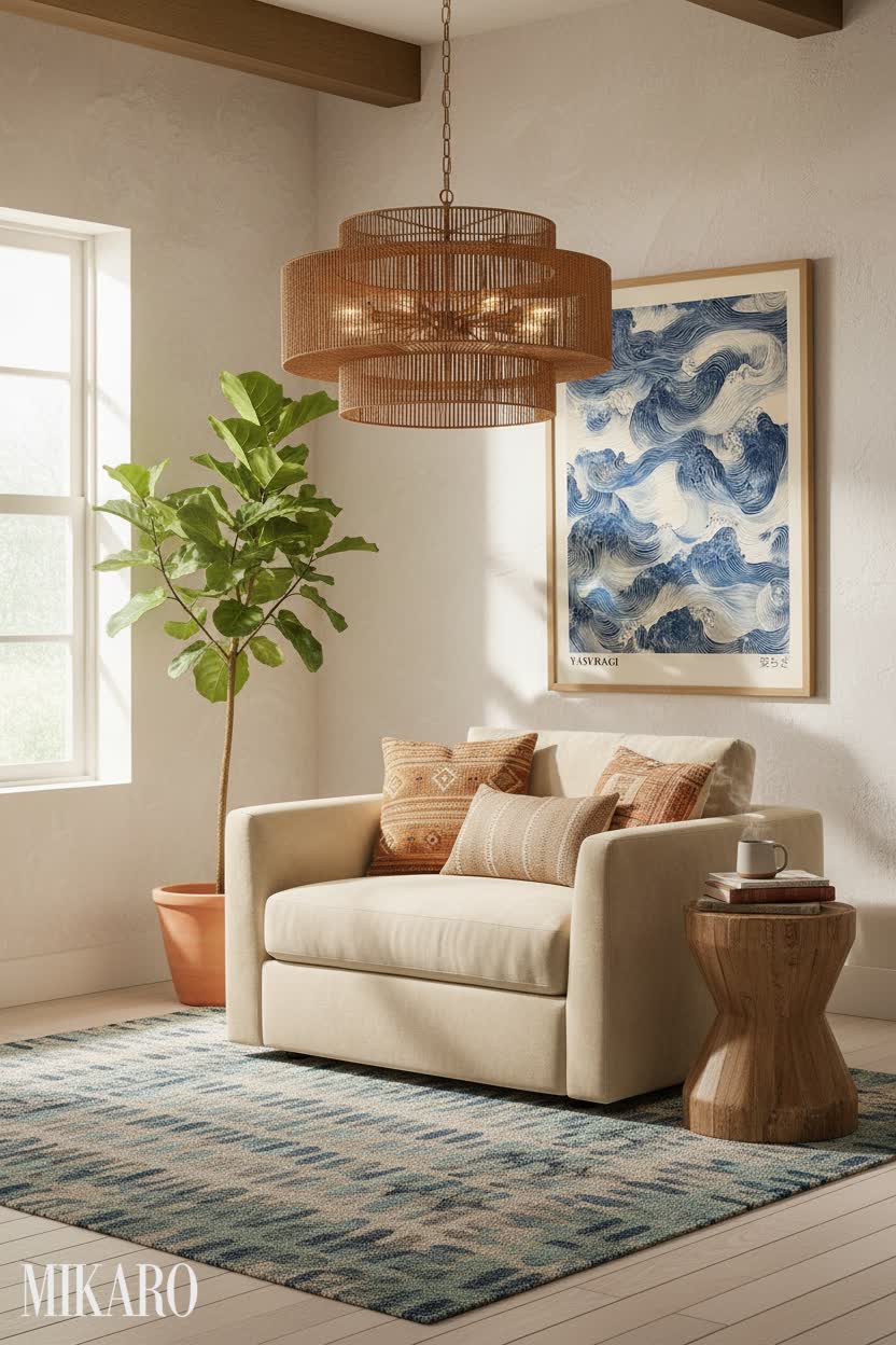 Bohemian Reading Nook: Cozy Retreat with Japandi Art & Rattan Chandelier