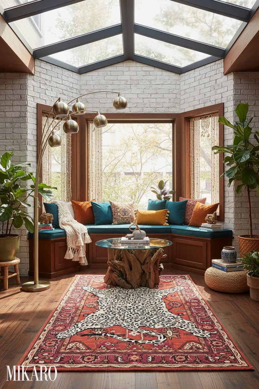 Bohemian: Sun-Drenched Bay Window with Leopard Print Flair