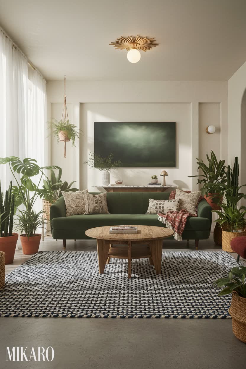 Bohemian Sunroom: Airy Retreat with Green Sofa & Abstract Art