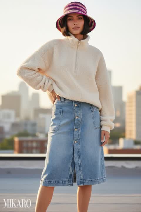 Boho Chic Denim & Fleece Ensemble with Woven Hat