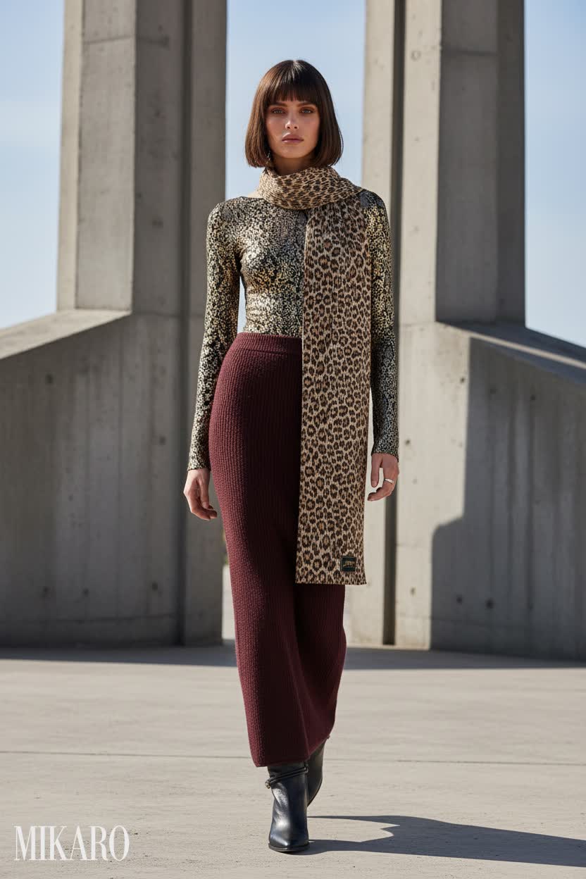 Bold Animal Print Bodysuit with Knit Skirt and Leopard Scarf