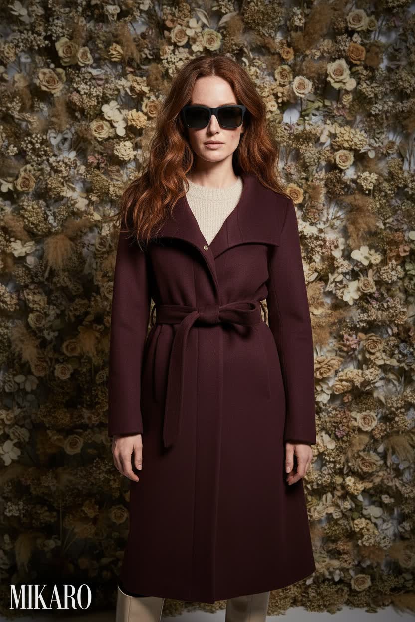 Bordeaux Coat and Cream Skirt Ensemble