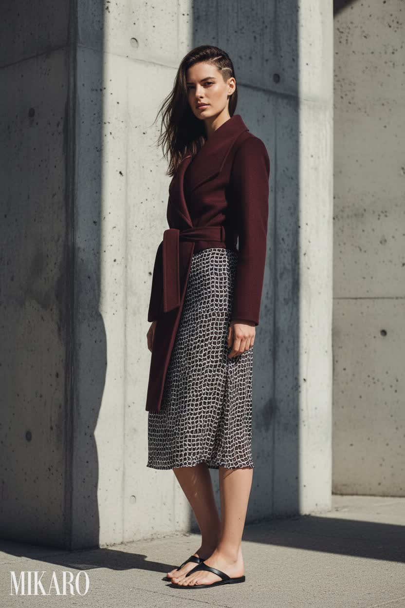Bordeaux Coat and Geometric Skirt Ensemble