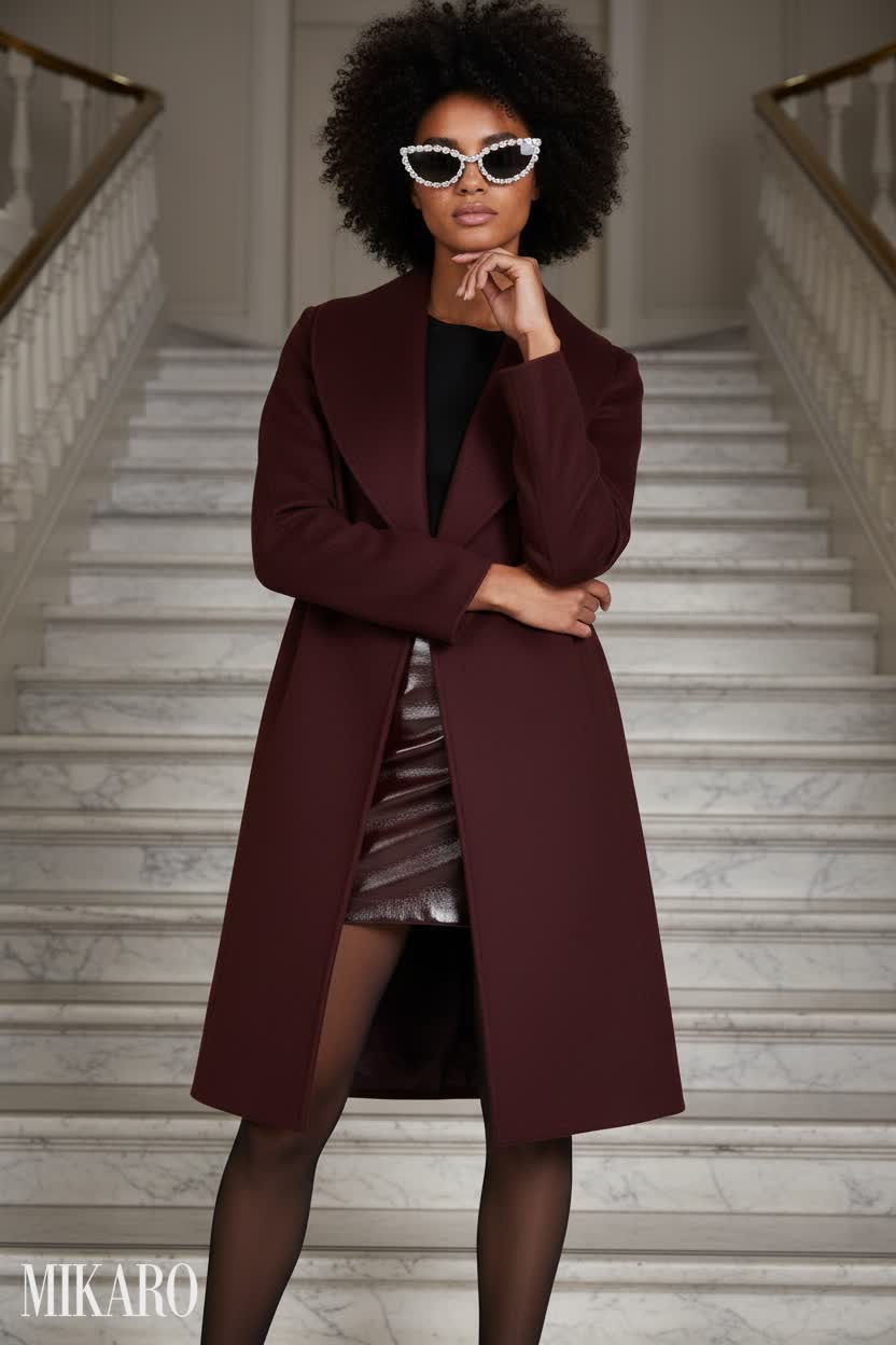 Bordeaux Elegance: Patent Skirt & Wool Coat Ensemble