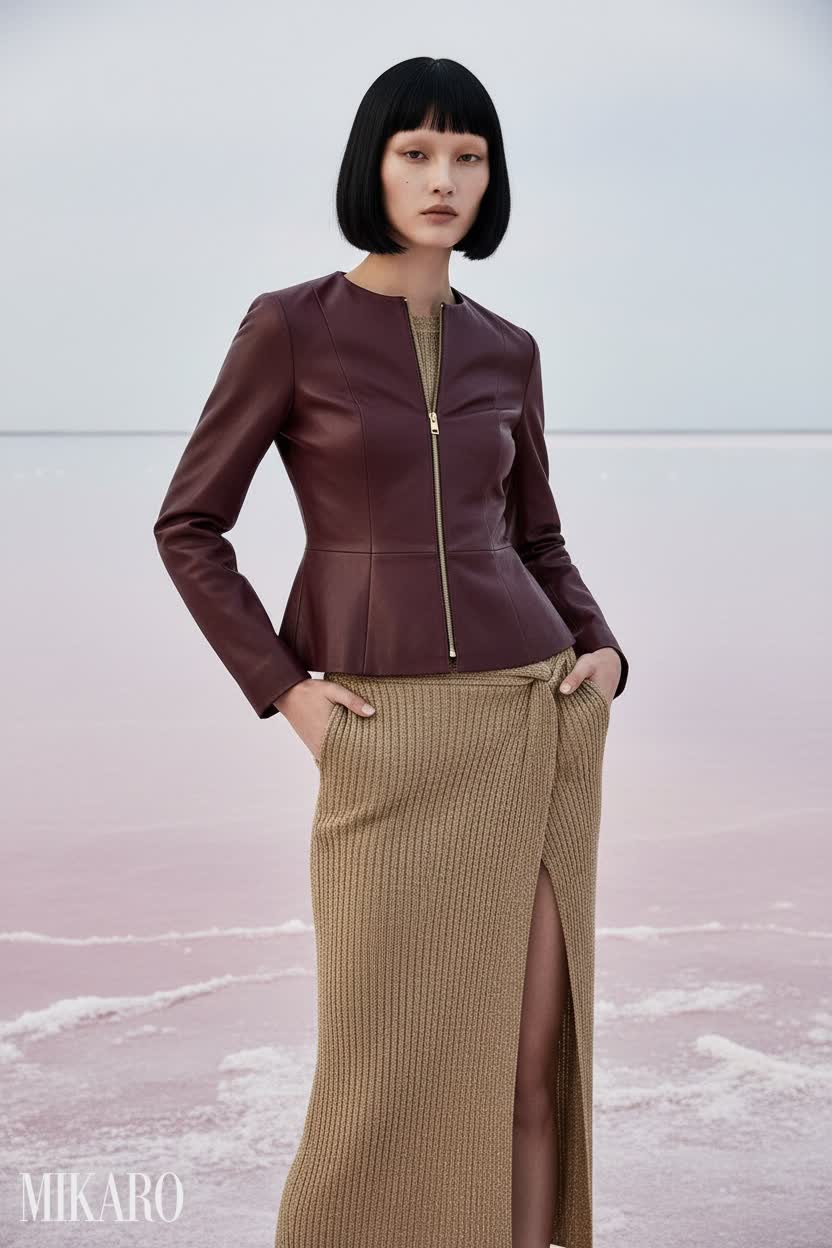 Burgundy Biker Jacket & Gold Rib Knit Maxi Skirt