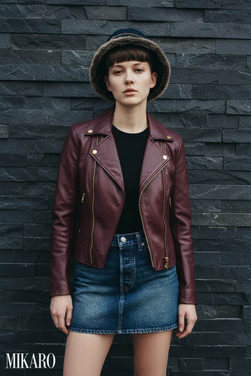 Burgundy Leather and Denim Mini Skirt Ensemble