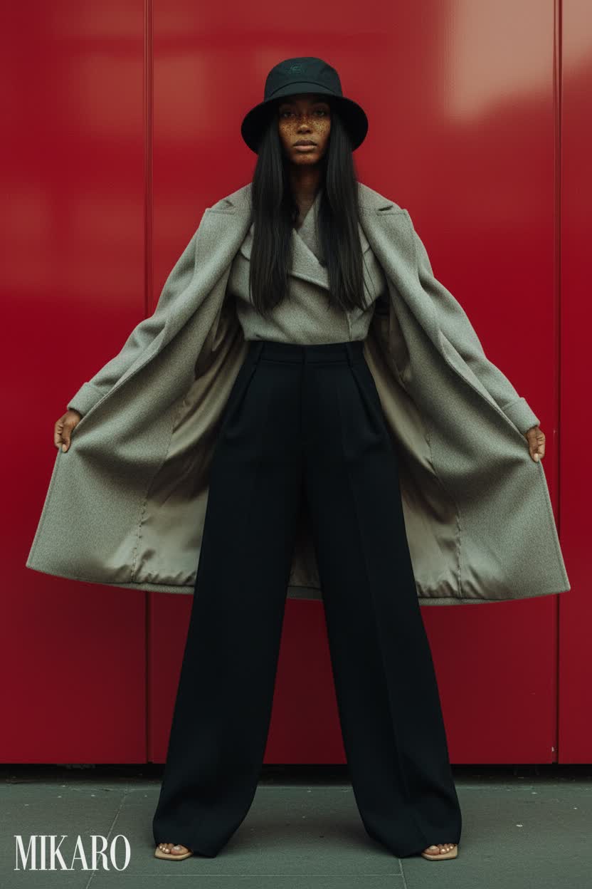 Camel Coat & Black Palazzo Ensemble