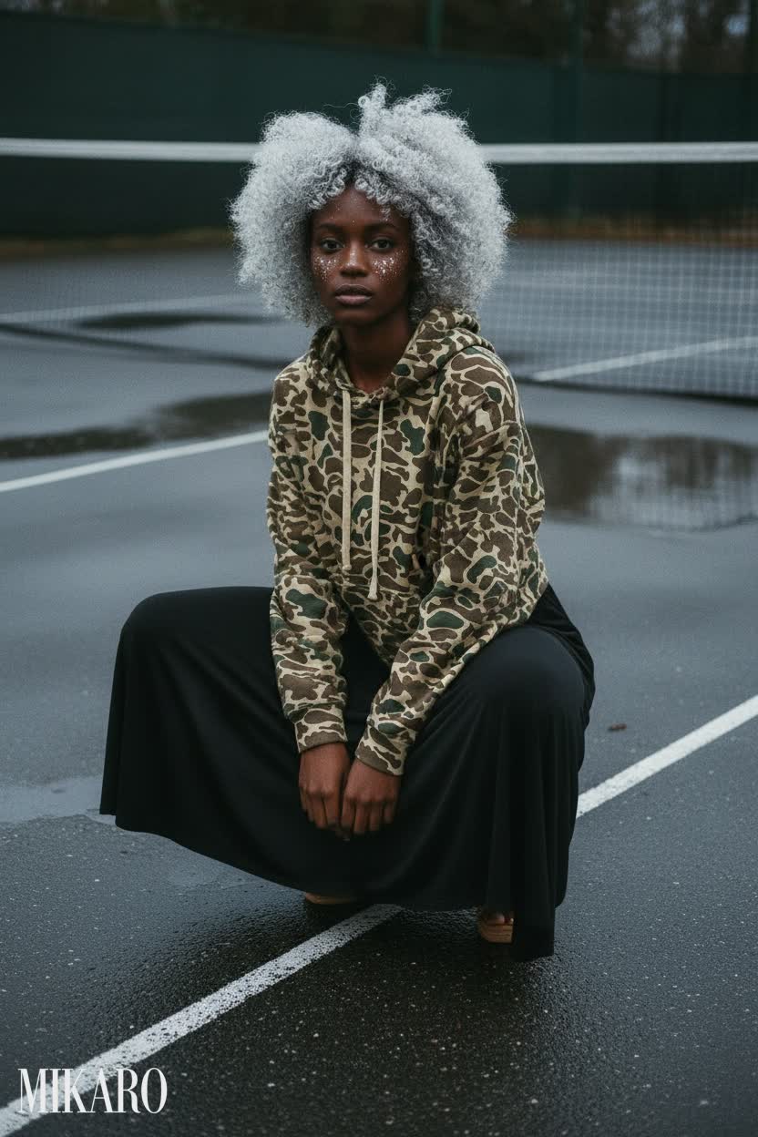Camo Hoodie & Black Maxi Skirt