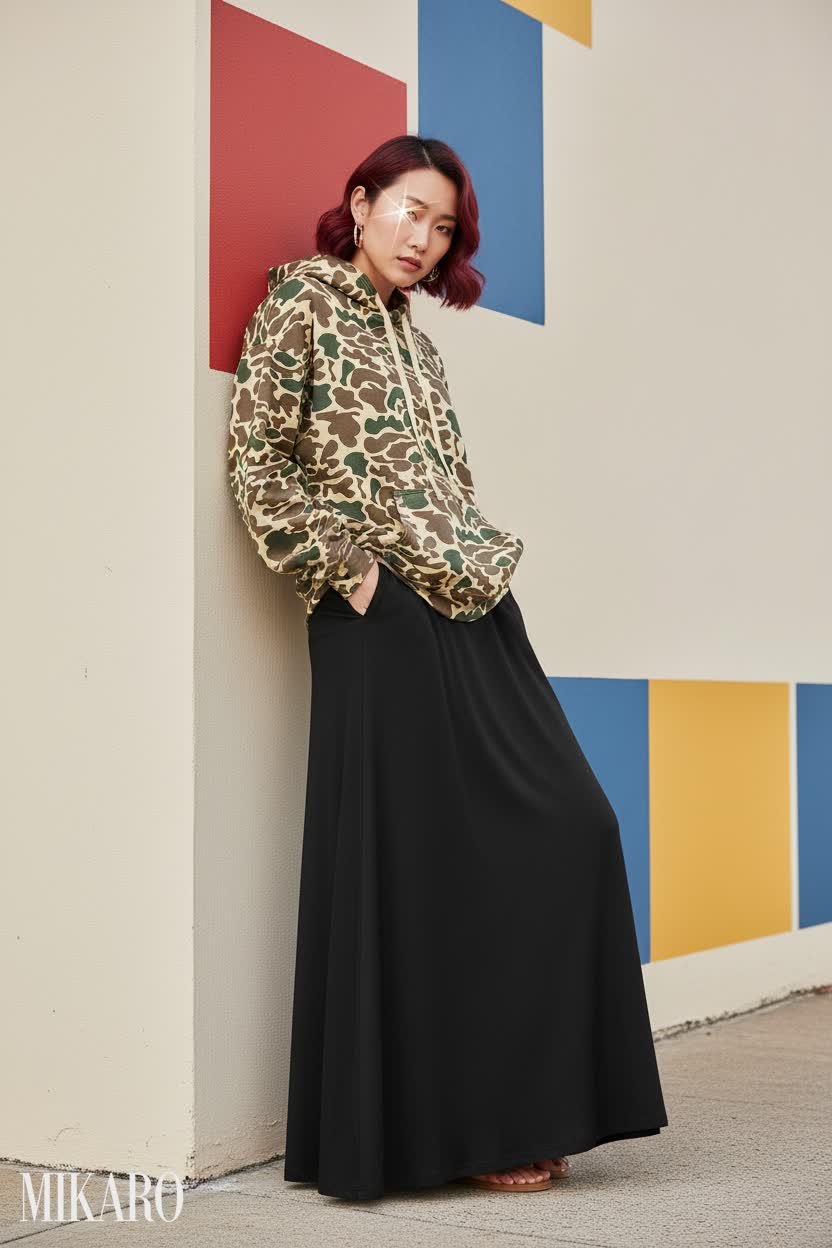 Camo Hoodie with Black Maxi Skirt
