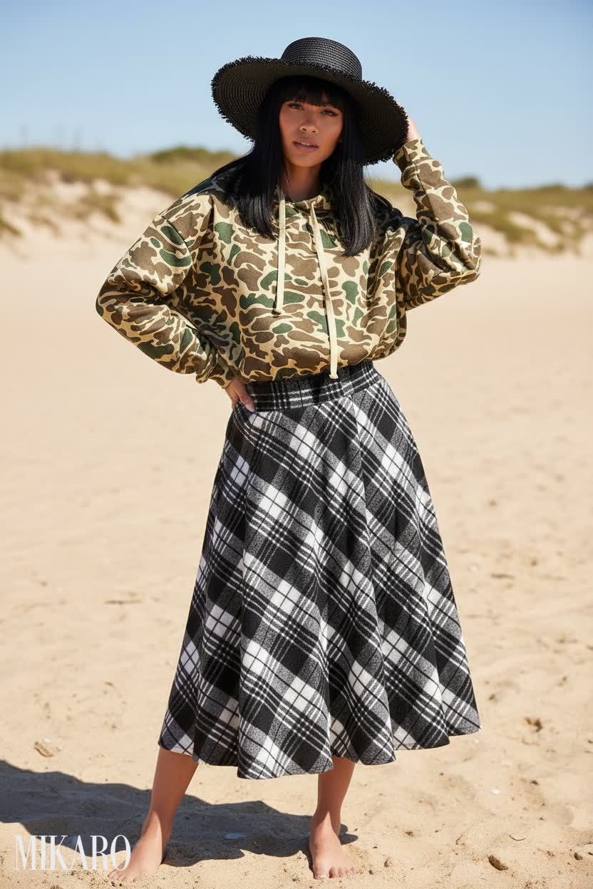 Camo Hoodie with Plaid Skirt Beach Look