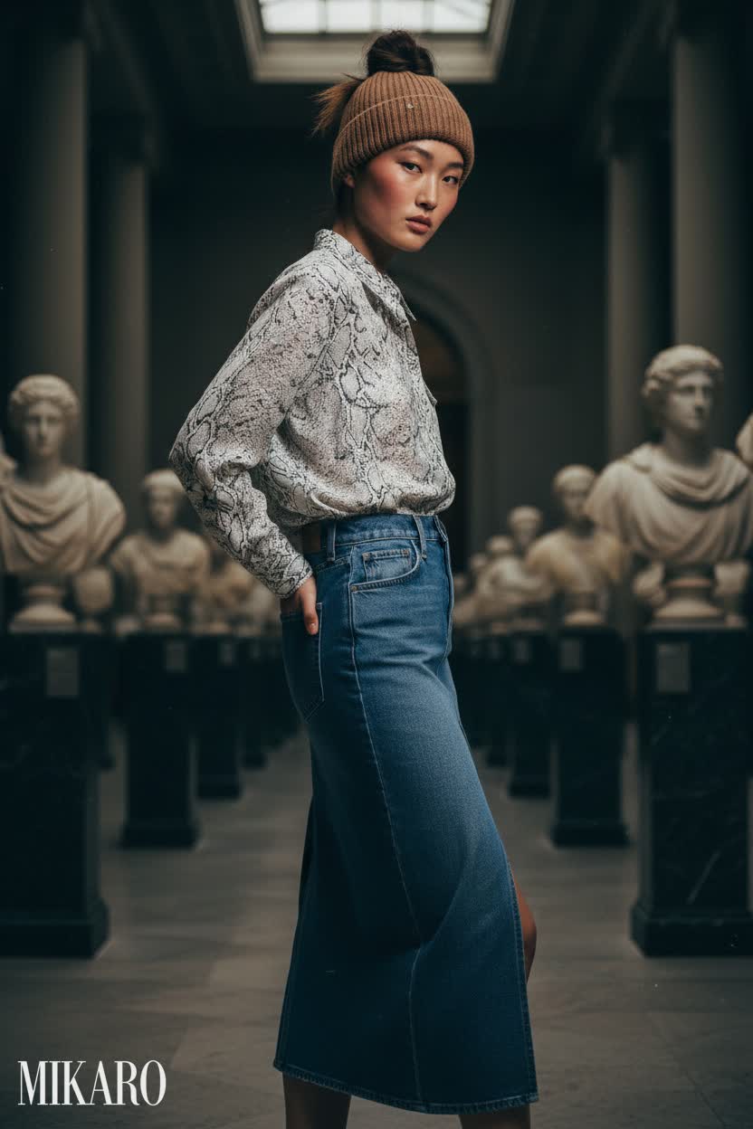 Cashmere Beanie & Denim Midi Skirt Ensemble