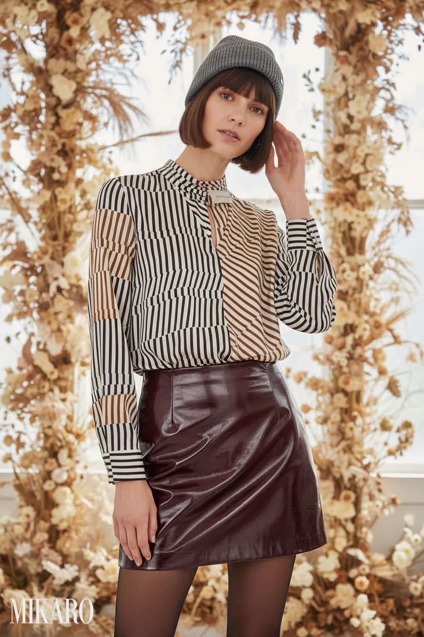 Cashmere Beanie & Patterned Blouse Ensemble