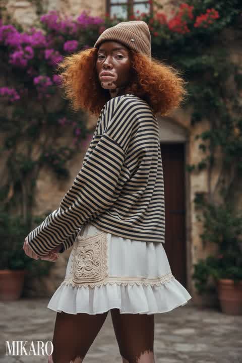 Cashmere Beanie, Striped Tee & Crochet Skirt Ensemble