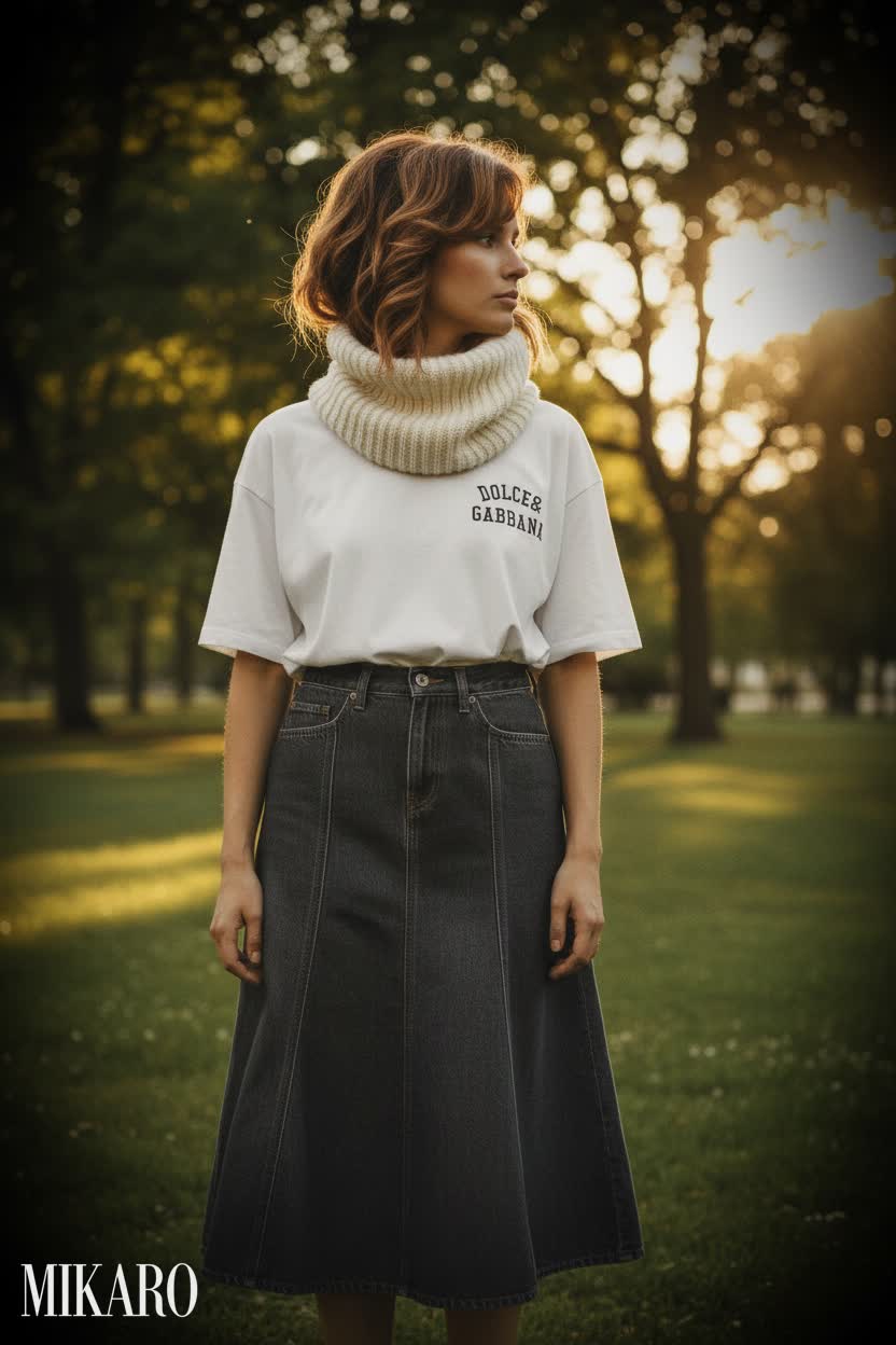 Casual Chic: Denim Skirt & Designer Tee
