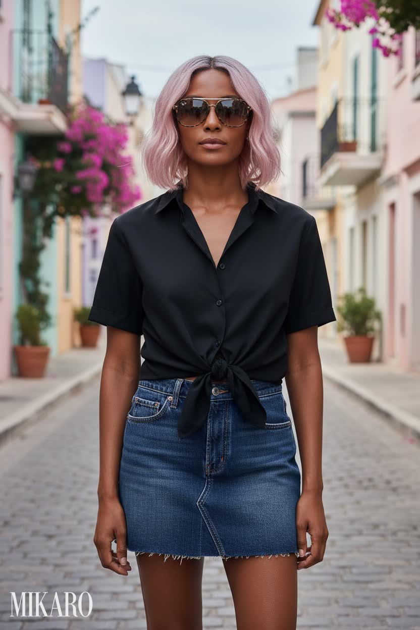Casual Chic Ensemble with Cropped Shirt and Denim Mini Skirt