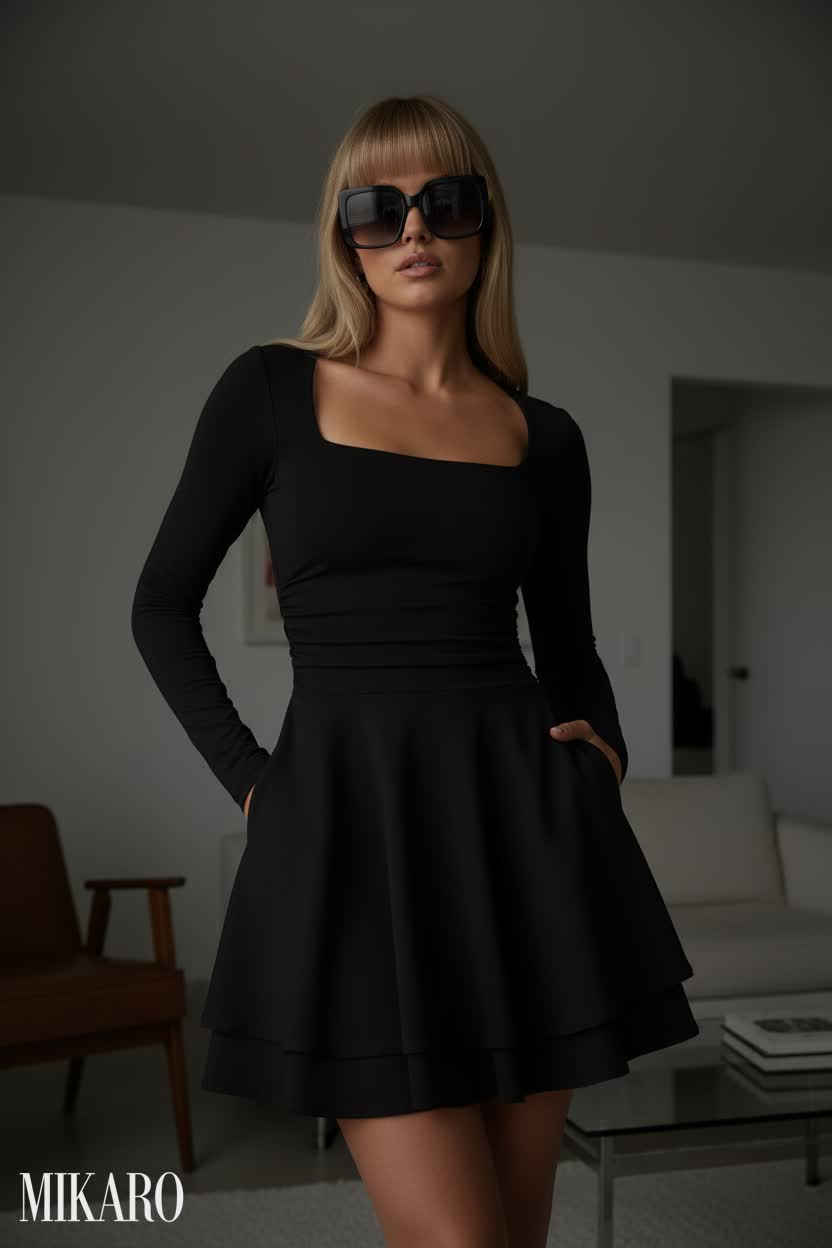 Chic Black Mini Dress with Statement Sunglasses