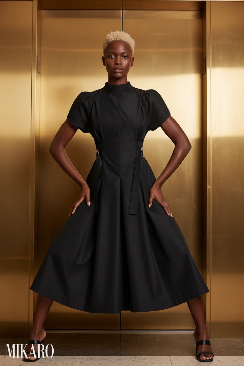 Chic Black Puff Sleeve Midi Dress