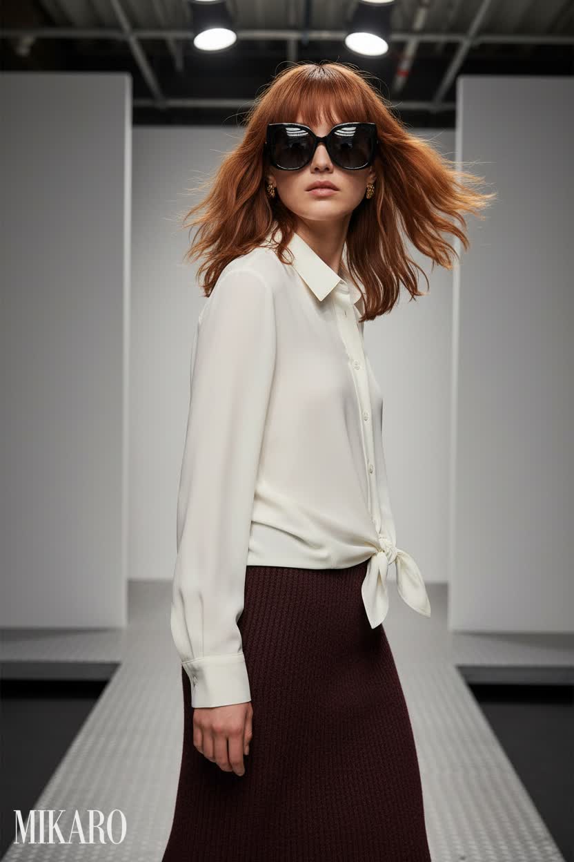 Chic Blouse and Skirt Ensemble with Statement Sunglasses