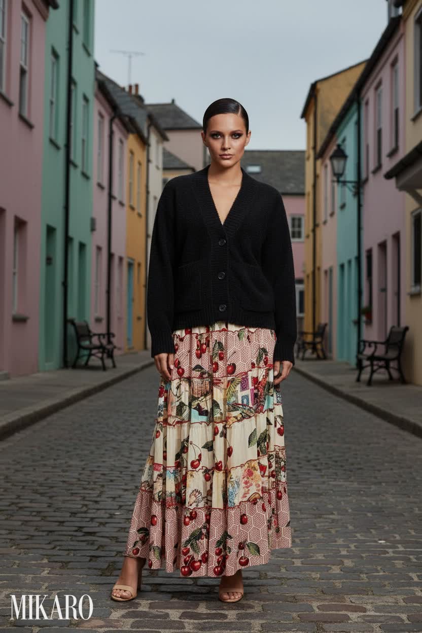 Chic Cardigan & Cherry Print Maxi Skirt Ensemble