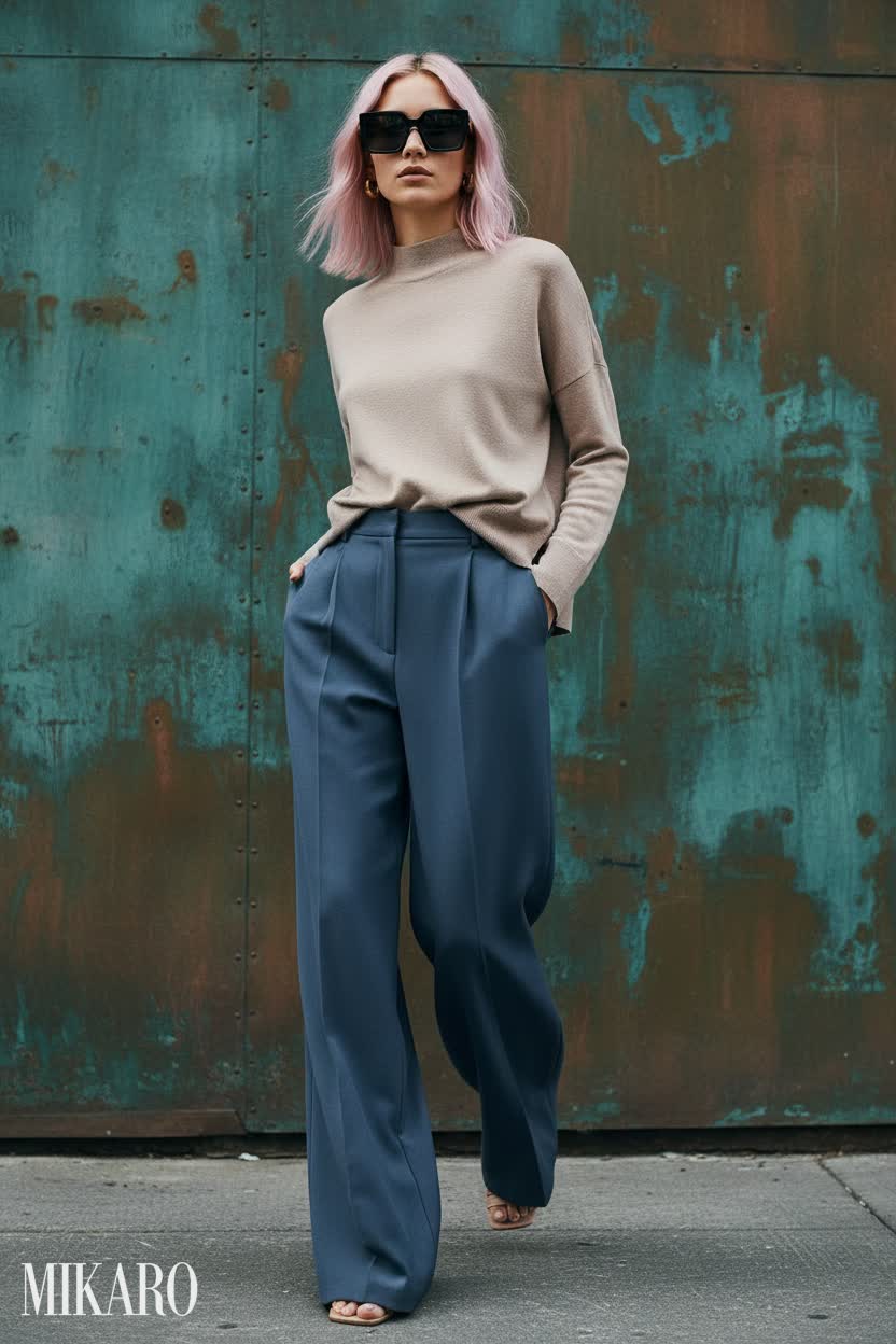 Chic Comfort: Wide Leg Trousers & Mockneck Sweater Ensemble