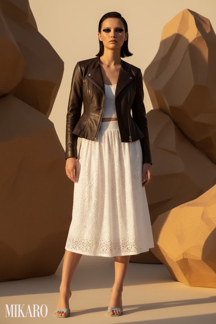 Chic Contrast: Leather and Eyelet Skirt Ensemble