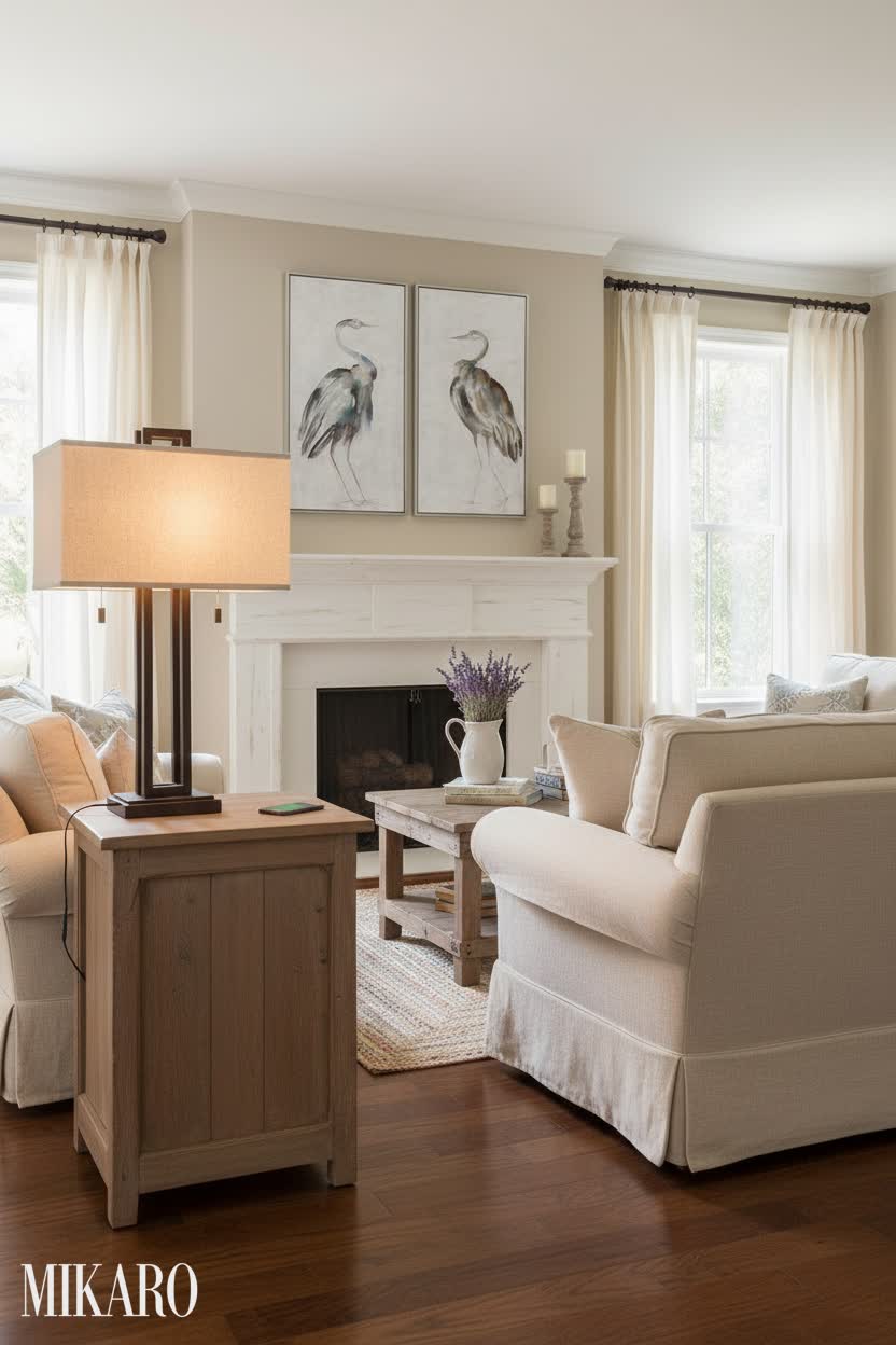 Chic French Country Living Room with Modern Accents & Bird Art
