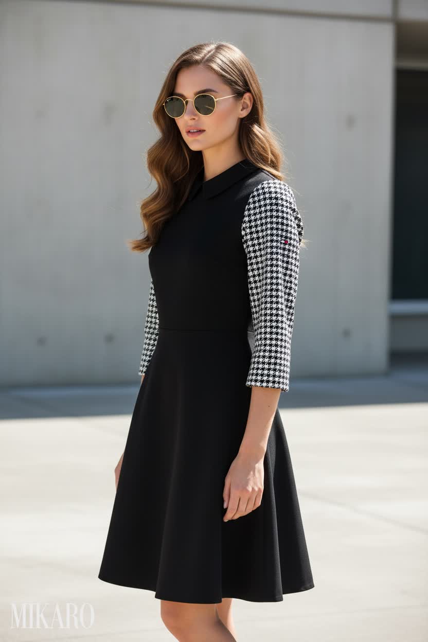 Chic Houndstooth A-line Dress with Round Sunglasses
