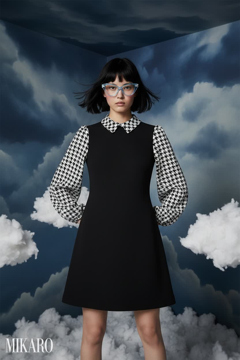 Chic Houndstooth Dress with Cat Eye Frames