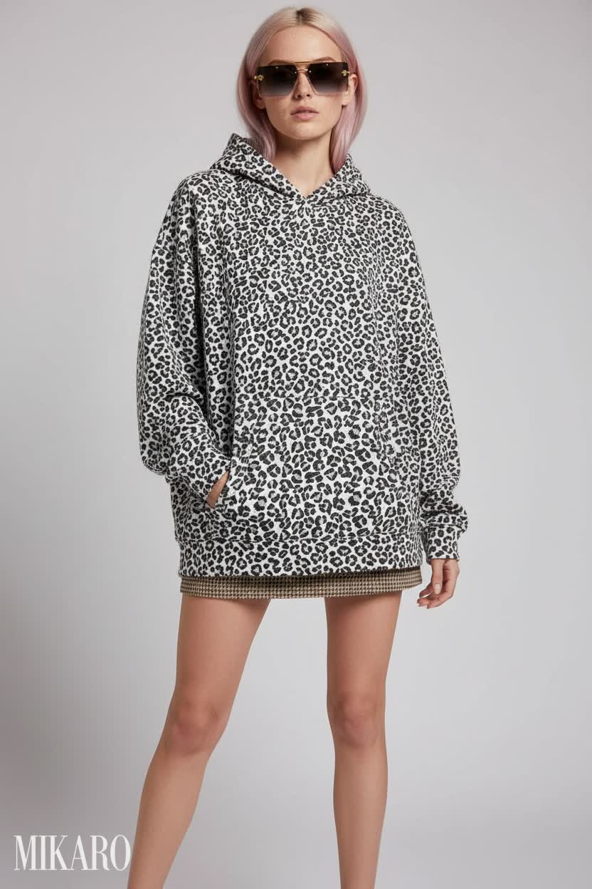 Chic Leopard Print Hoodie & Plaid Skirt Ensemble with Versace Sunglasses